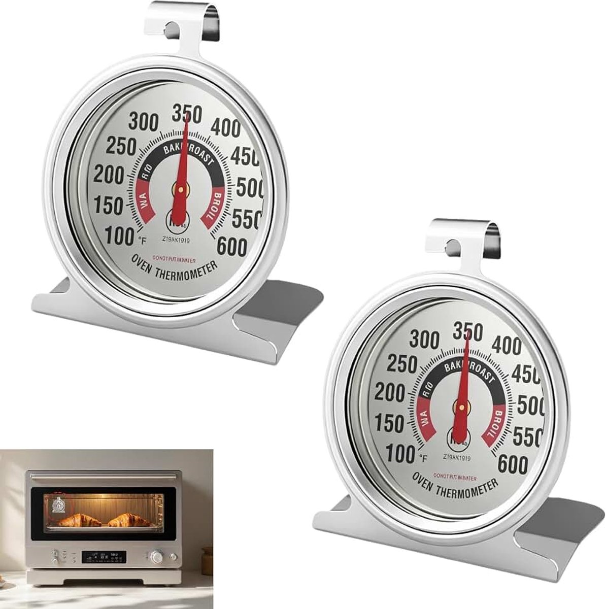 2 stuks oventhermometer, analoge oven thermometer staal 430 direct aflezen 100 tot 600 °F thermometer koken gas elektrisch grill roker accessoires keuken precisie hoge temperatuur