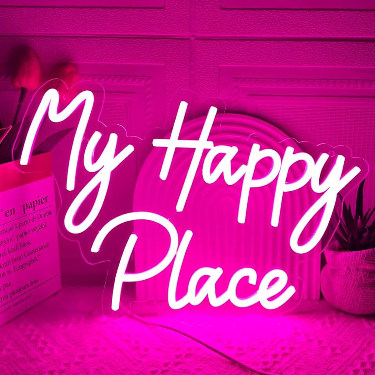 Happy Place Neonbord Lichtletters Led Neonlicht voor Wanddecoratie | Dimbare USB Voeding Kunstdecoratie Brief Neonlichtbord voor Wanddecoratie Slaapkamer Verjaardag Feest Bar Speelkamer