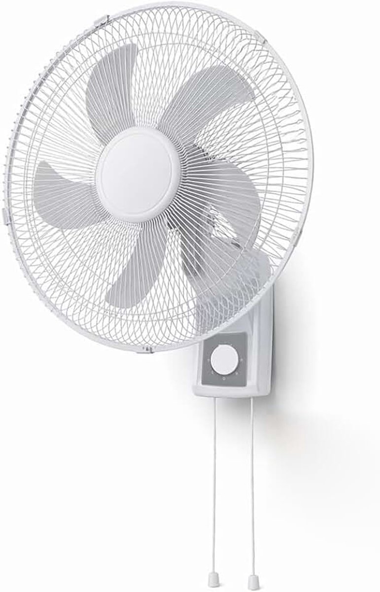 Wandventilator met rooster 43 cm, 5 vleugels, 3 selecteerbare snelheden, 65 watt vermogen met automatische zijdelingse oscillatie, wit
