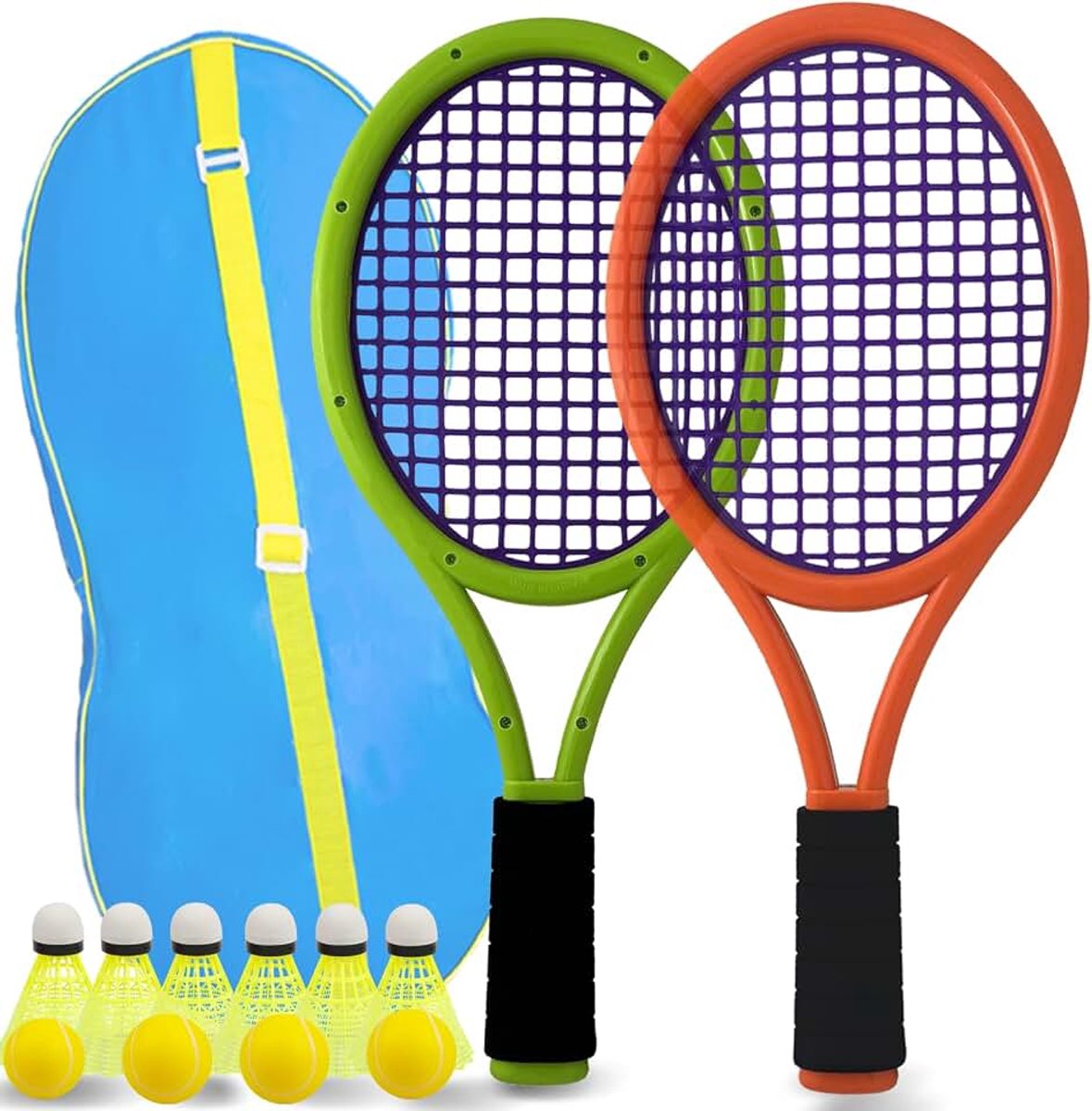 17 inch kunststof tennisracket met 4 zachte ballen en 6 shuttles voor kinderen, peuters, outdoor/indoorsport (donkeroranjegroen)