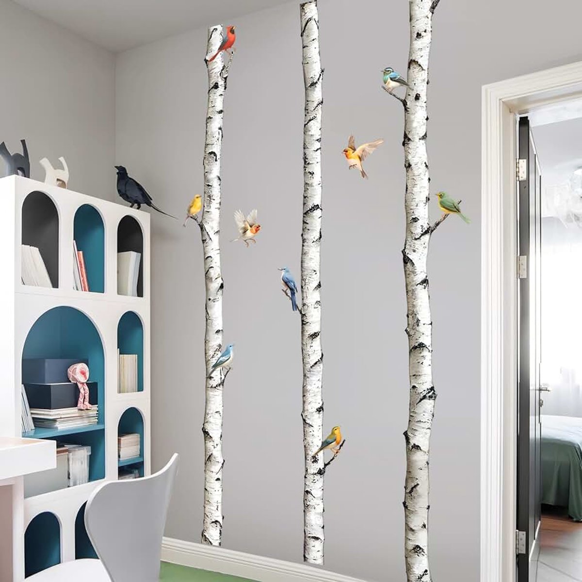 Muurstickers 3 witte esp bomen vliegende vogels muurstickers schil en stok berk stam muurkunst decor voor slaapkamer woonkamer keuken bank tv achtergrond wanddecoratie