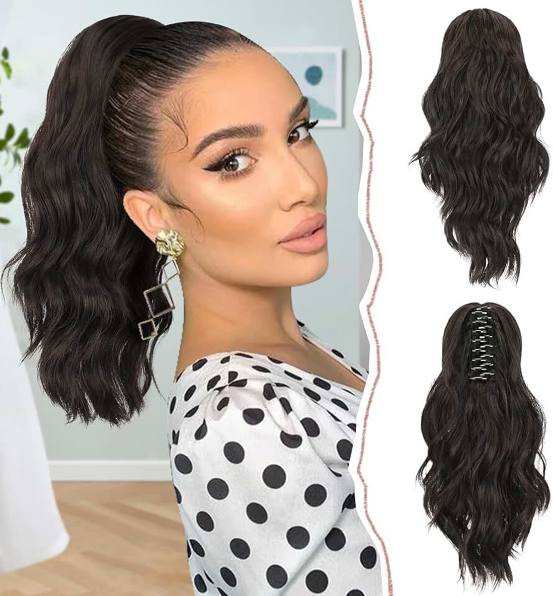 Korte Paardenstaart Extension 35 cm Klauw Clip Paardenstaart Haarverlenging Golvende Paardenstaartverlenging Synthetische Haarstukje Haarverlenging voor Vrouwen, Donkerbruin