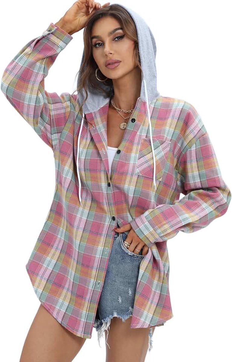 Oversized flanellen overhemd voor dames, hoodie, button-up, geruit, V-hals, bovenstuk, mode, lange mouwen, geruite blouse