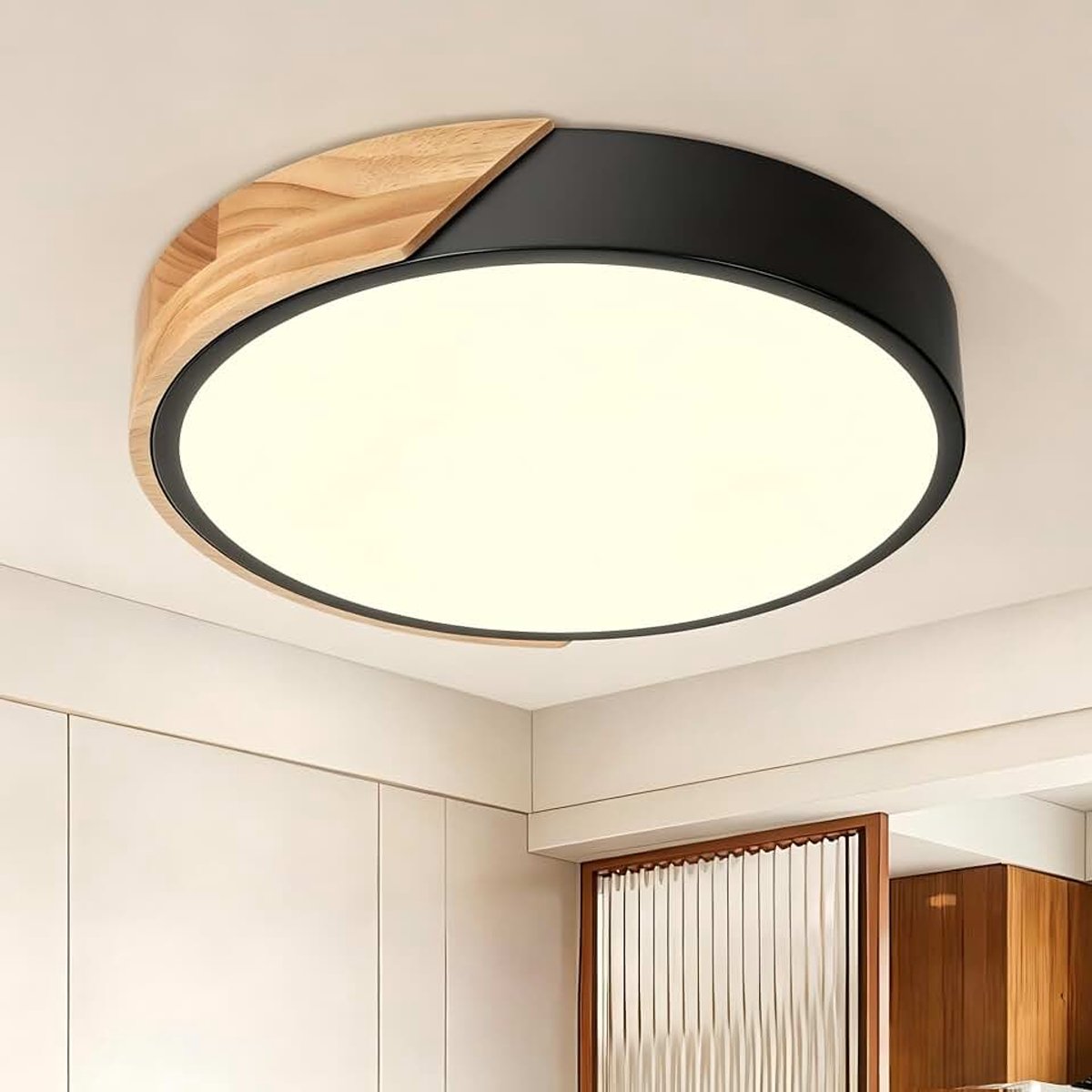 LED plafondlamp 24W ∅30cm plafondlamp zwart met houtlook 3000K | Warmwit licht plafondlamp voor woonkamer, slaapkamer, keuken, hal, balkon