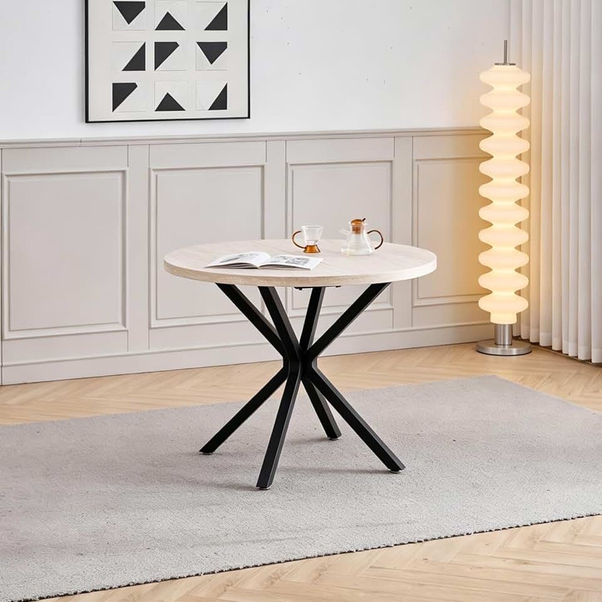 Eettafel met robuuste X-vormige poten, 100 x 100 x 76,5 cm, voor keuken, kleine ruimtes, appartement (gele travertijnkorrel)
