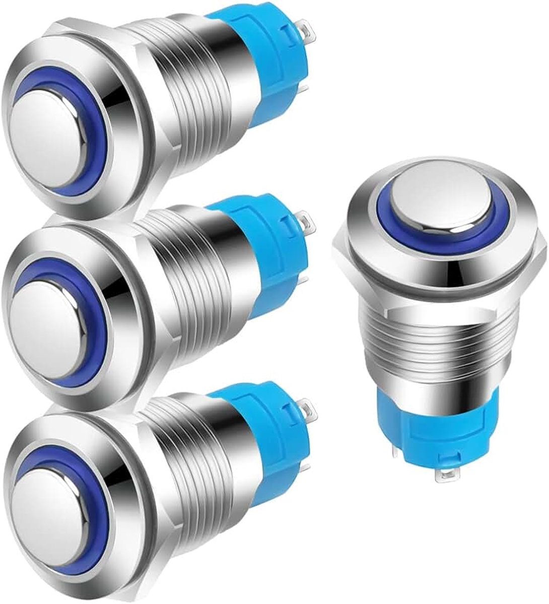 4stuks 12mm 3A 12-24V DC Waterdichte Drukknop met LED-Indicatielampje Momentary Roestvrijstalen Drukknop aan-uit (hoge kop)