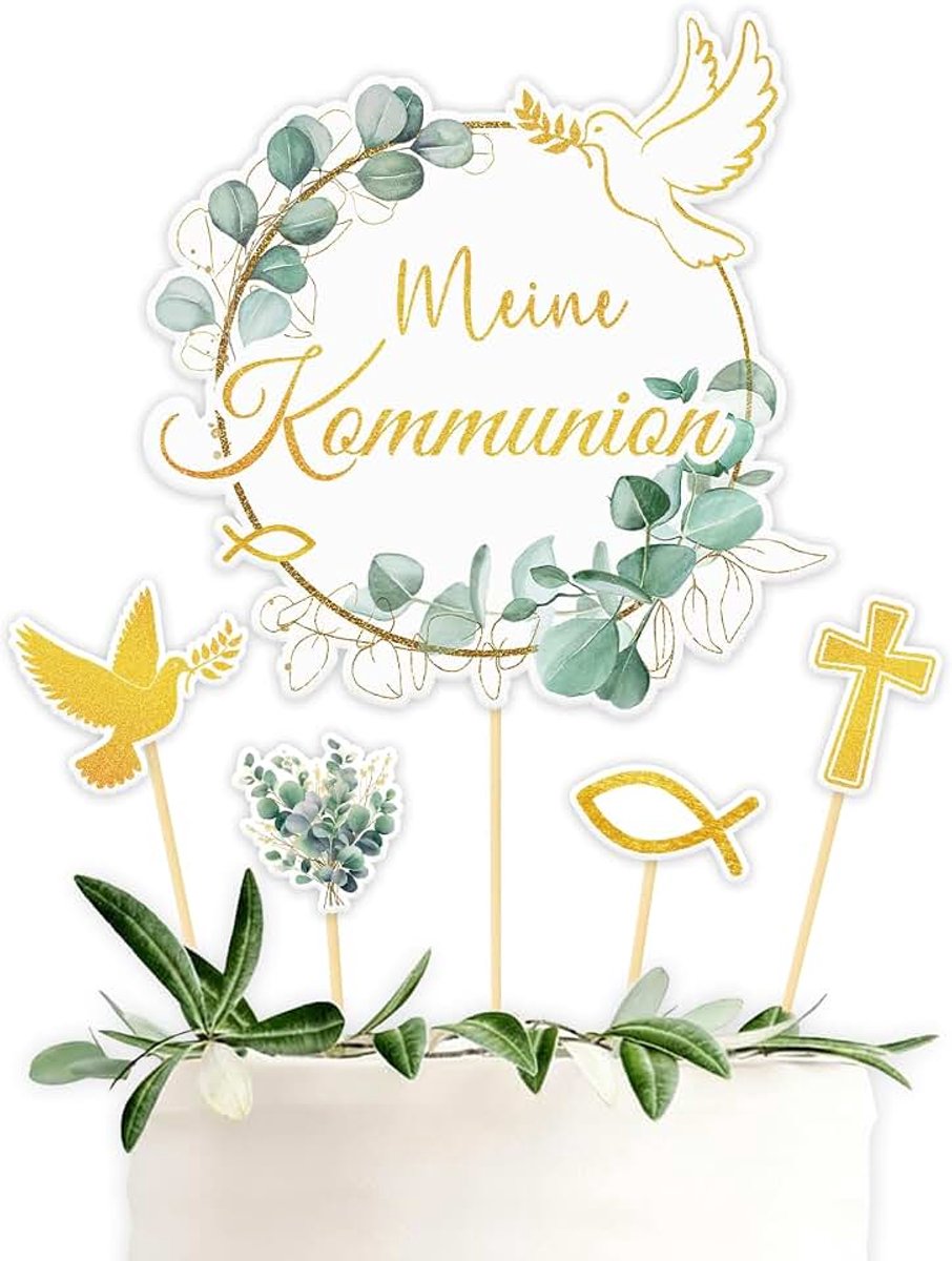 Communie, Taarttopper Hoogwaardig Papier Eucalyptusblad Duif Goud Mijn Communie Eerste Communie Decoratie 1 Stuk