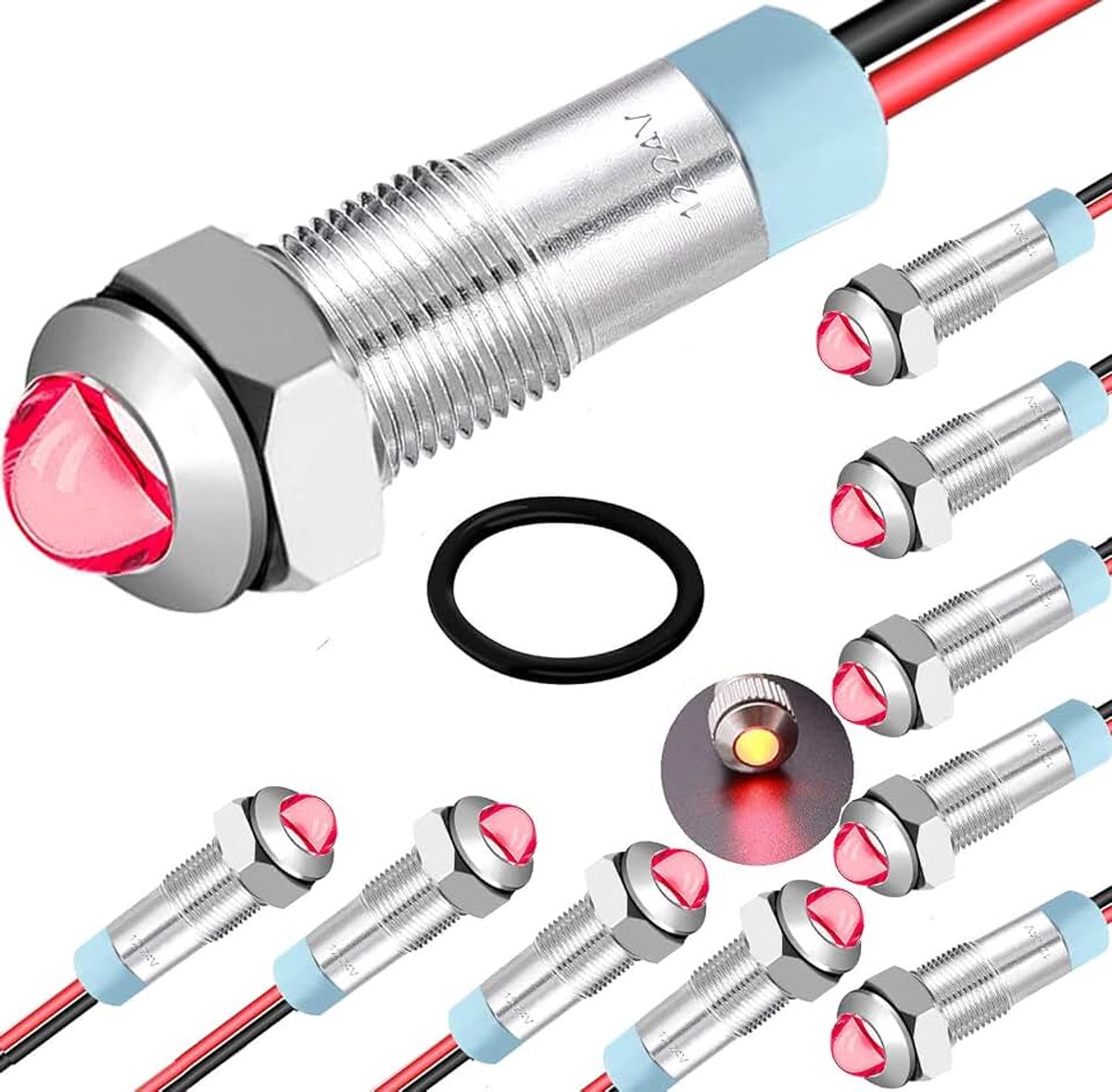 10 stuks 12V-24V 6mm 1/4" DC LED metalen indicatielampje waterdichte signaallamp (rood)