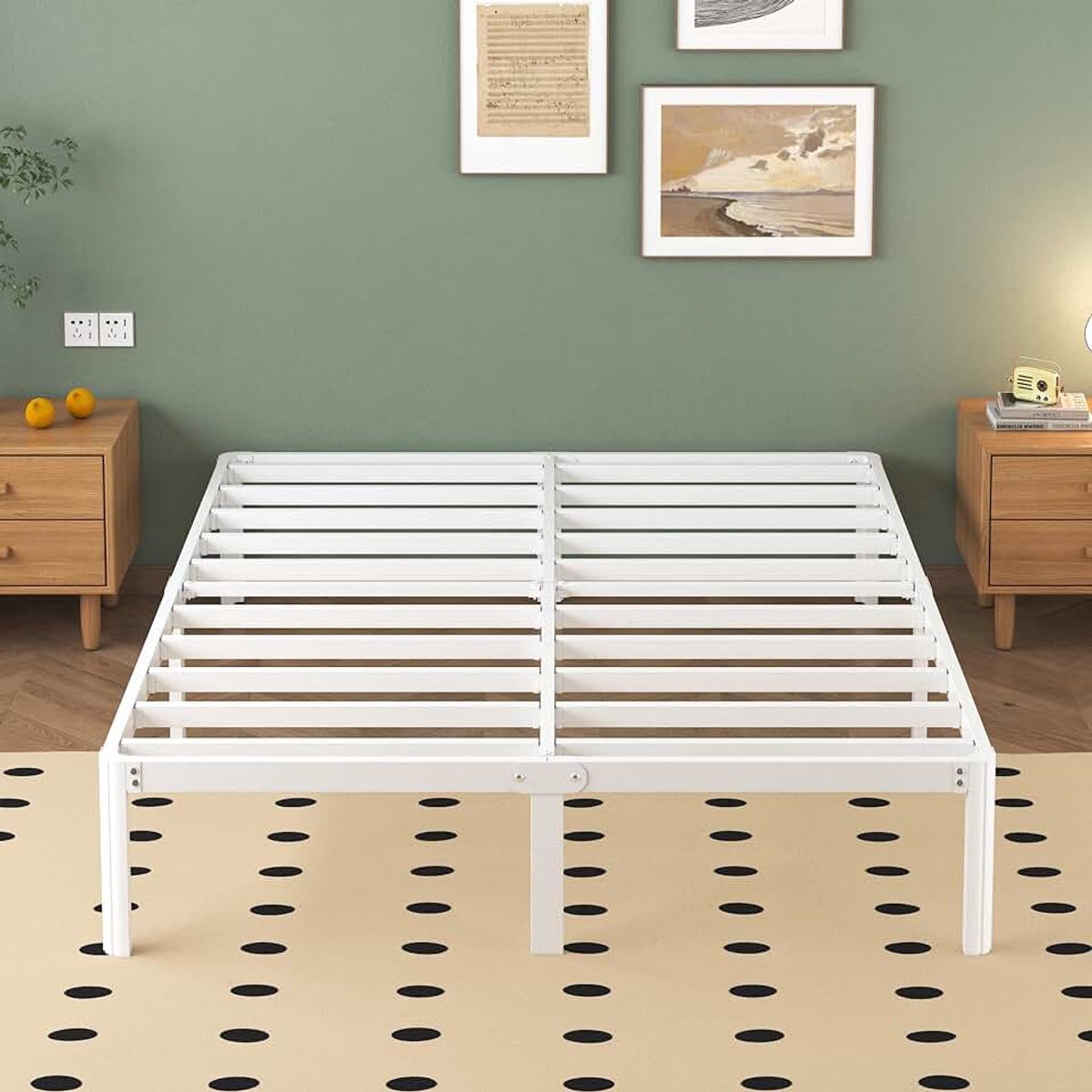 Metalen Bedframe 140x200 cm met Ronde Hoekpoten, Hoogte 30.5cm, Bed Frame 140 x 200 met Lattenbodem Van Metaal, Eenvoudige Montage, Opbergruimte onder het bed, Geluidsvrij, Wit