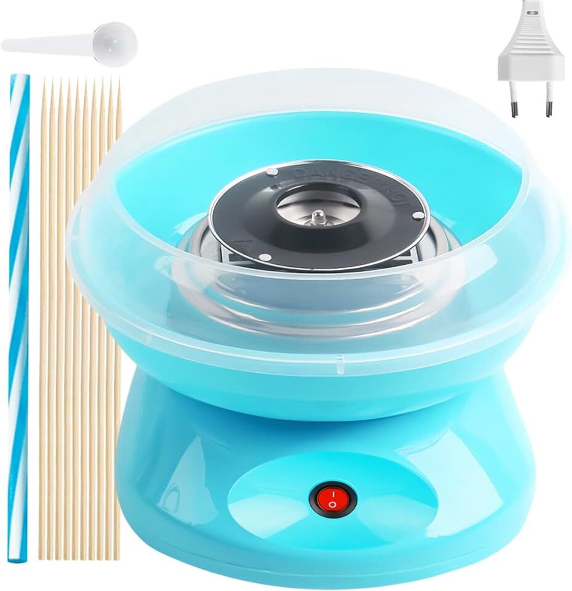 Cotton Candy Machine 450 W, suikerspinmachine, suikerspinmachine voor thuis, met maatlepel, kunststof snoepstokjes, tien stokken, blauw