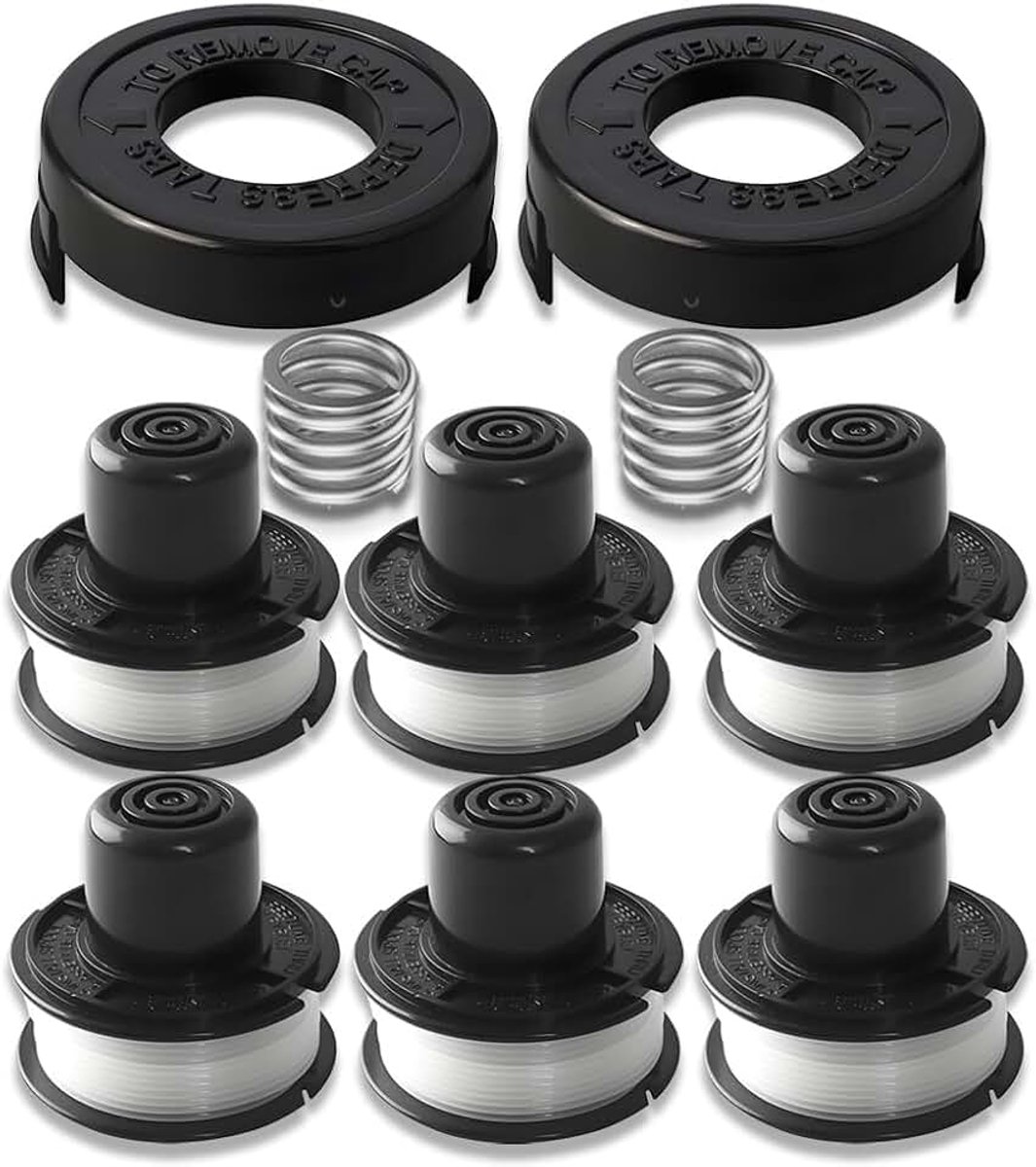 Compatibel met Black + Decker vervangt GL250 GL310 GL360 GL360SB, reservespoel voor grasmaaiers van nylon, 6 spoelen, 2 stuks spoelafdekking, 2 veren