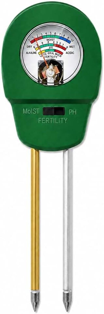 3-in-1 Vochtmeter Planten en pH Meter Grond, Zonder Batterijen | Vocht, pH en vruchtbaarheid, dubbele sondes van 15,5 cm, gekleurde wijzerplaat, voor potten, tuin, kas en moestuin