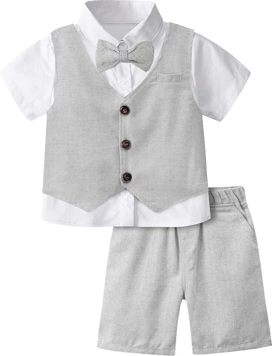 Mintgreen Baby Jongen 3st Gentleman Pak, Visgraat Bruiloft Doop Outfit Shirt & Vest & Korte Broek, 1-6 Jaar