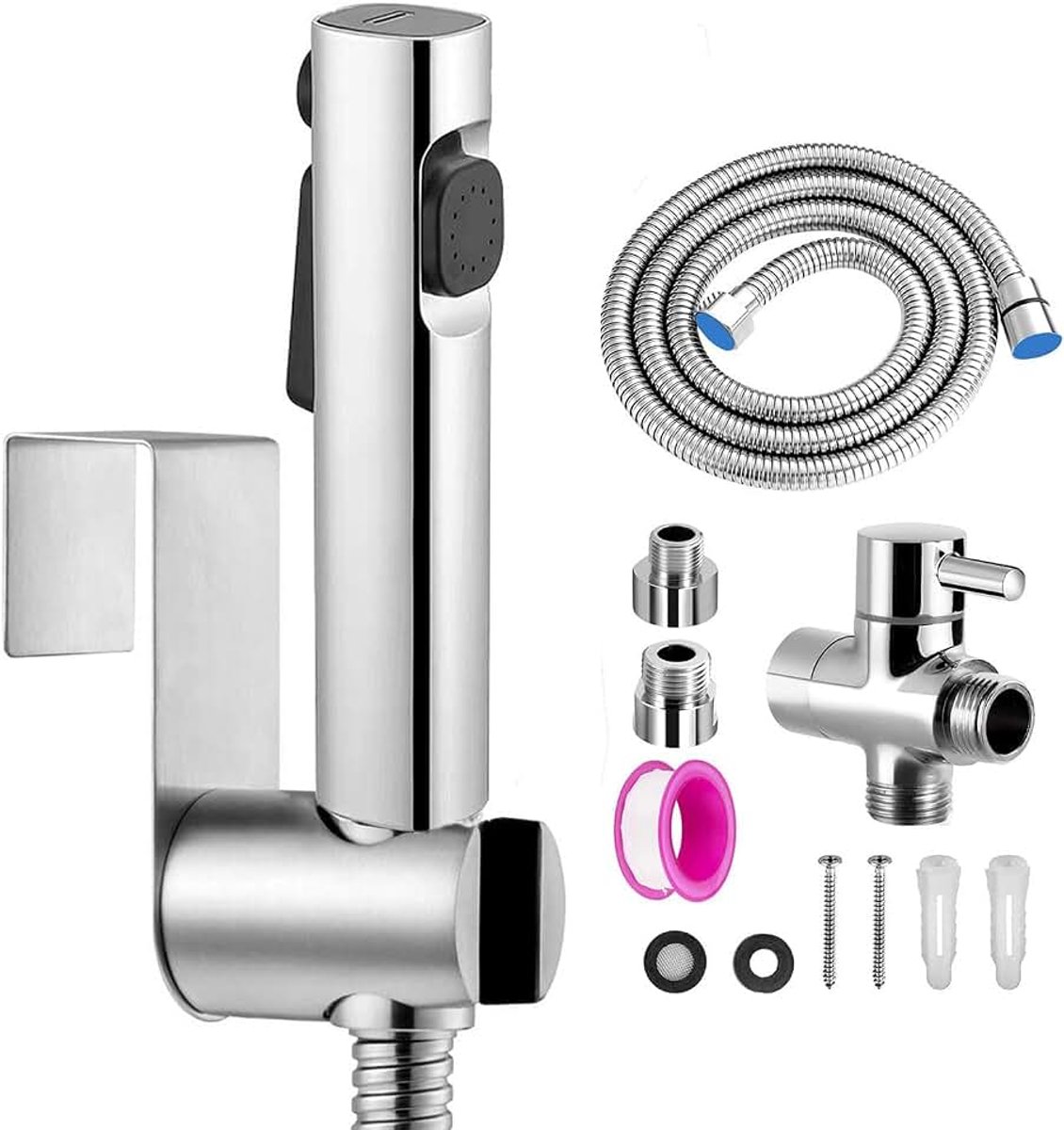 Bidet handdoucheset, dubbele straalmodus, mondstuk, ABS-kunststof voor douche, badkamer, hygiëne, toiletpapier, luierreiniging met G1/2 inch T-ventiel en een G3/8 inch adapter, slang, wandhouder