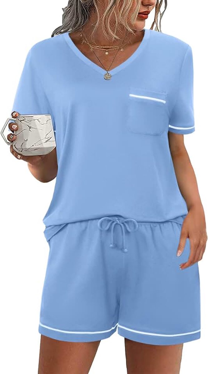 Korte damespyjama van katoen, zomerpyjama, damespyjama met kant en broek met zakken en trekkoord, zacht en comfortabel