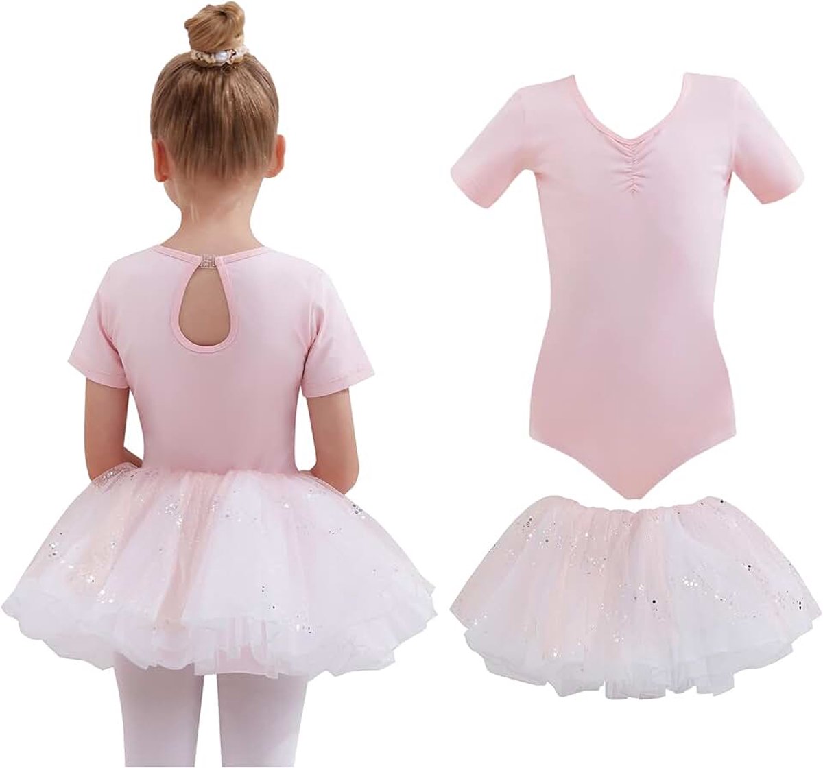 Balletjurk voor meisjes,katoen, balletjurk, dansjurk, danspakje met tutu, rok, korte mouwen, balletpak, balletoutfit, gymnastiek