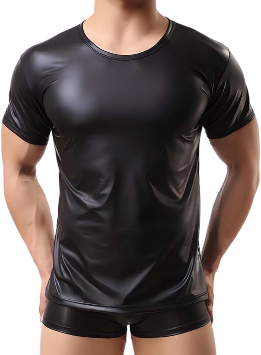 Metallic tanktop, PVC-lederen onderhemd met korte mouwen, ronde hals, spierstrakke T-shirts, clubwear, zwart slim fit danstop, T-shirt voor nachtclub, muziekfestival, discokostuum