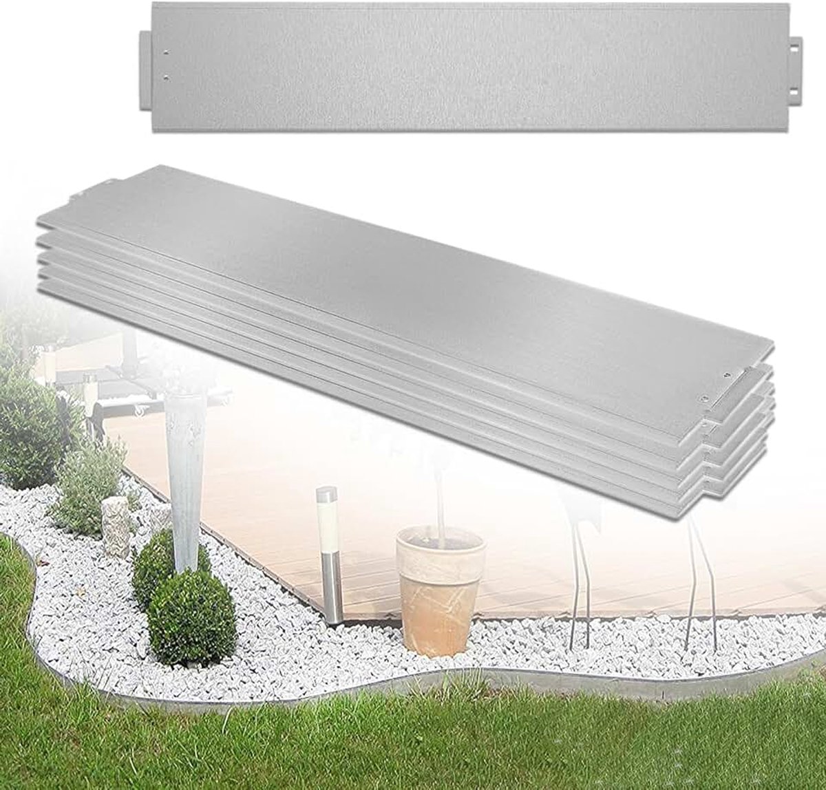 Gazonrand, gegalvaniseerd, metaal, gazonrand met gesp, bloembedomranding, flexibele snijbare tuinpalissade, zilver (10 stuks, 100 x 15 cm)
