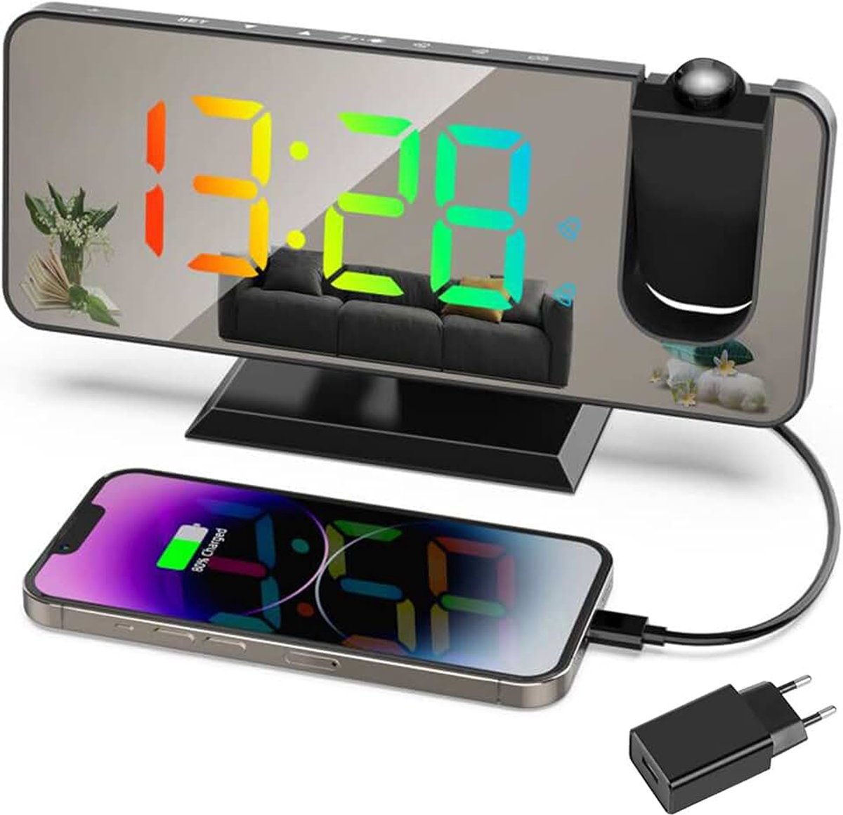 Wekker projectie plafond, digitale wekker met dynamisch 7,5 inch RGB-display, USB-poort, dubbele wekker, instelbare helderheid, 12/24 uur, sluimerfunctie (zwart met adapter)