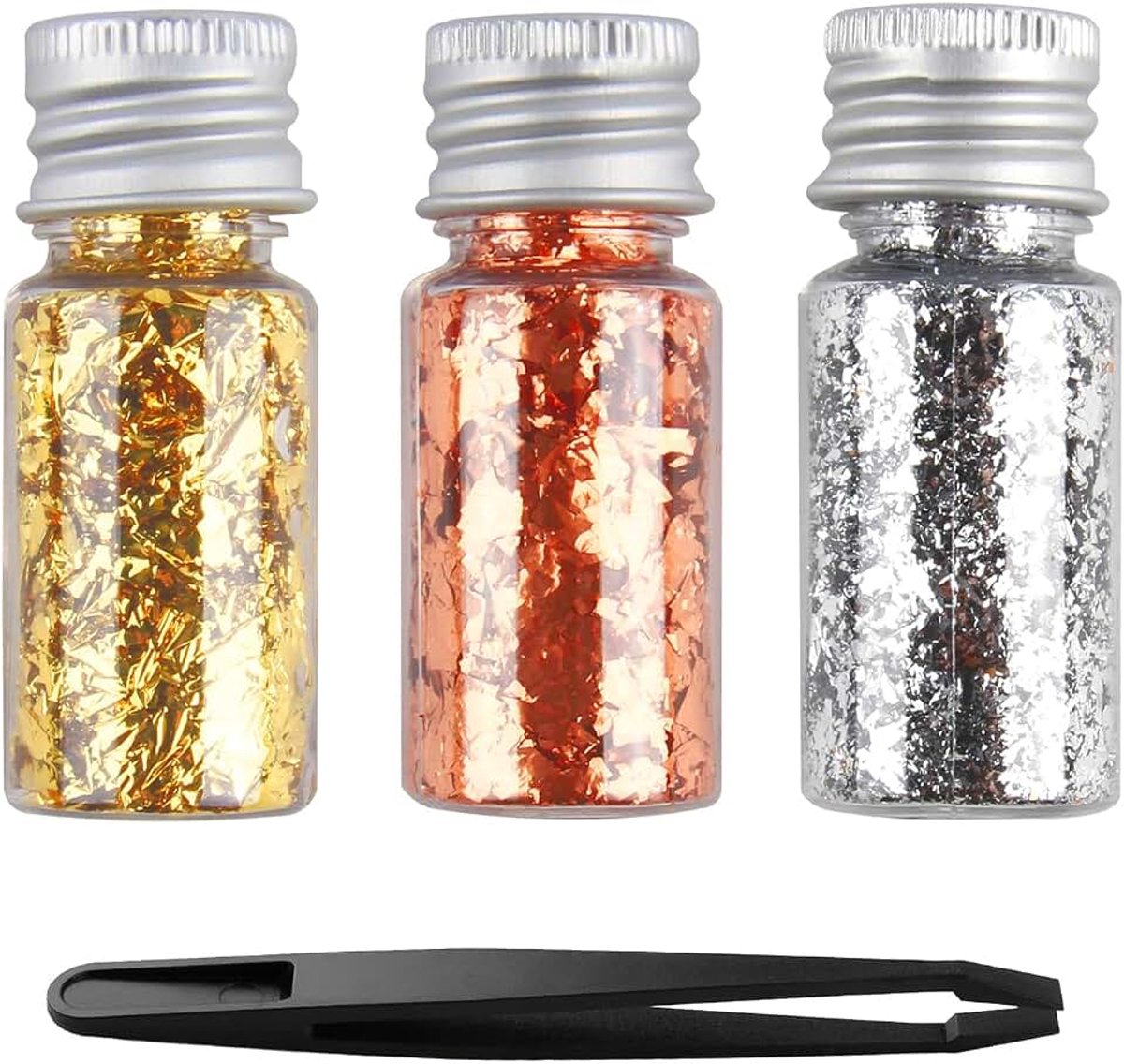 Bladgoudbladeren flessen met pincet, 3 kleuren bladgoudvlokken, decoratieve goudfolie, bladgoud, doe-het-zelf knutselgoudfolie voor schilderen, harskunst, nagelkunst, decoratie, goud, zilver