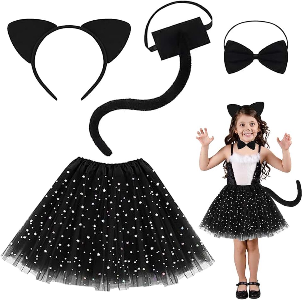 4 stuks kattenkostuum voor kinderen, Halloween-kostuum voor kinderen, kattenkostuum voor Halloween, geschikt voor Halloween, carnaval, kostuumfeest