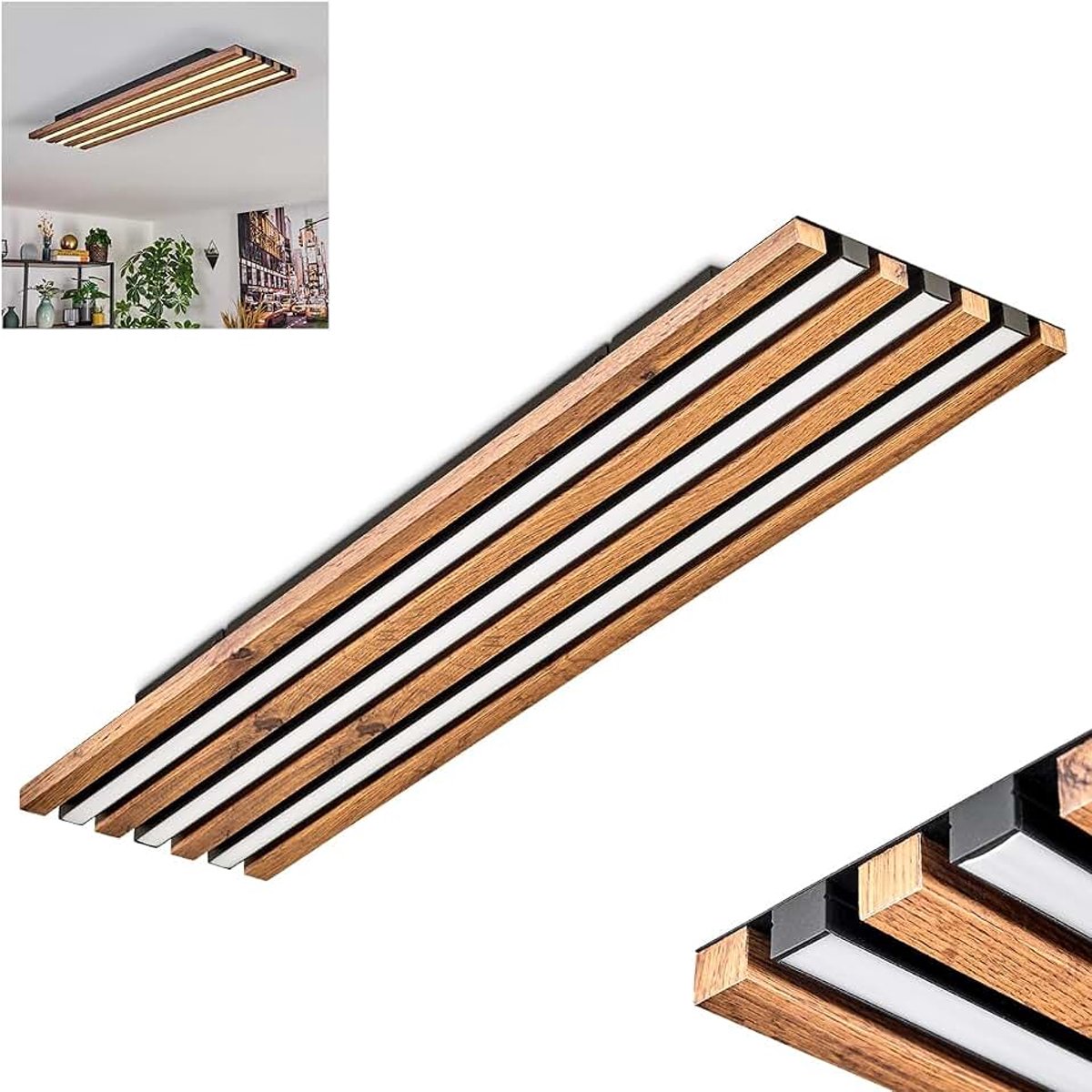 LED plafondlamp Tandragee, plafondpaneel van metaal/MDF/kunststof in zwart/houtlook/wit, 30 Watt, 3000 Kelvin, plafondlamp voor slaapkamer, eetkamer, woonkamer, keuken, hal