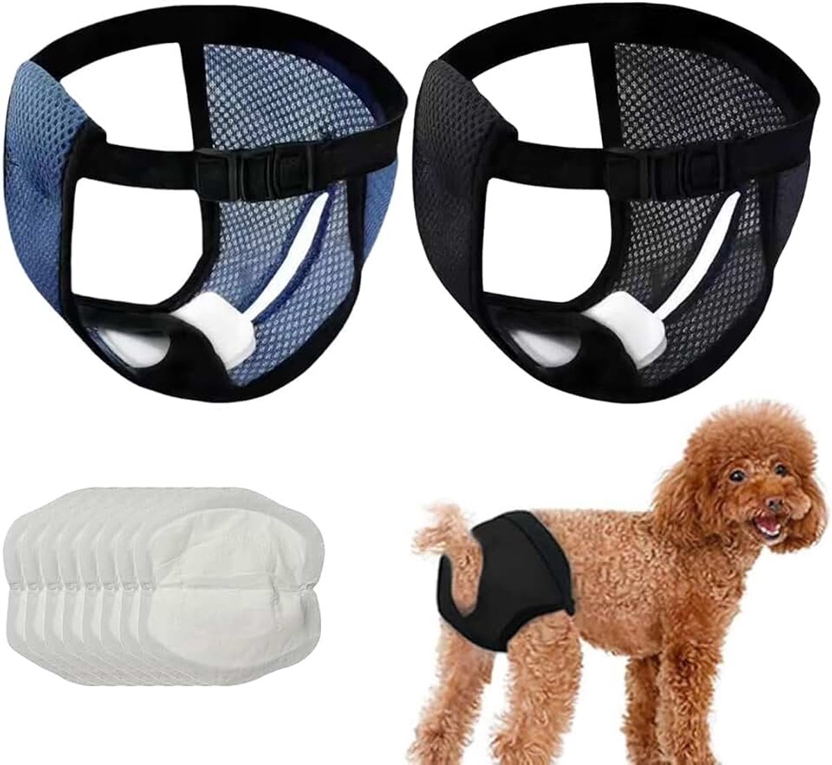 2 stuks hondenbroek voor honden, herbruikbare en ademende beschermingsbroek met 8 reservekussens, verstelbare luierbroek voor loopsheid, incontinentie (XL, zwart en donkerblauw)