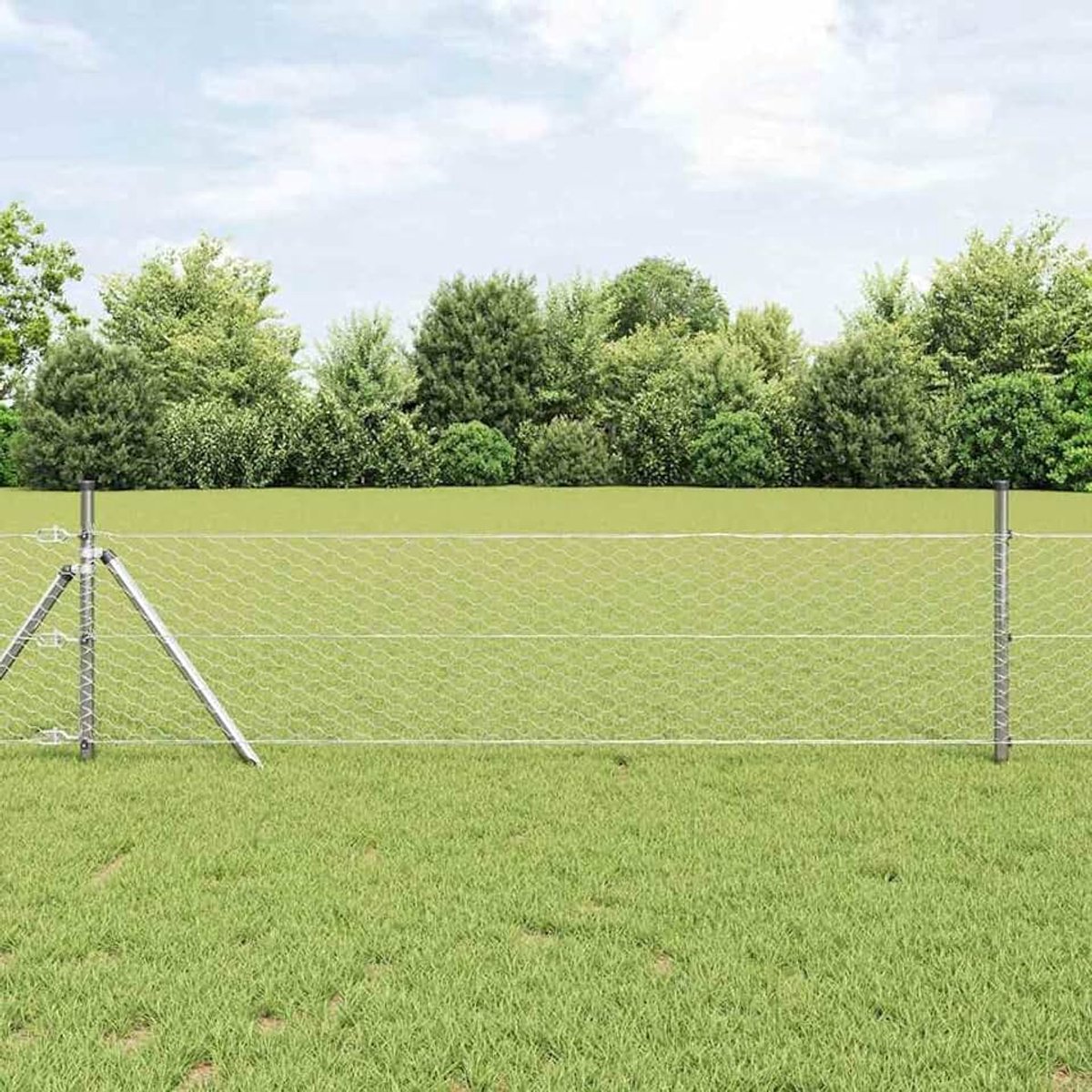 Zeshoekige omheining 0,6 x 25 m, hekpalen 13 stuks Ø 32 mm 100 cm verzinkt staal, stabiele stalen palen voor tuinhekken, landbouw, wilgennetten, kippendraad 3352948