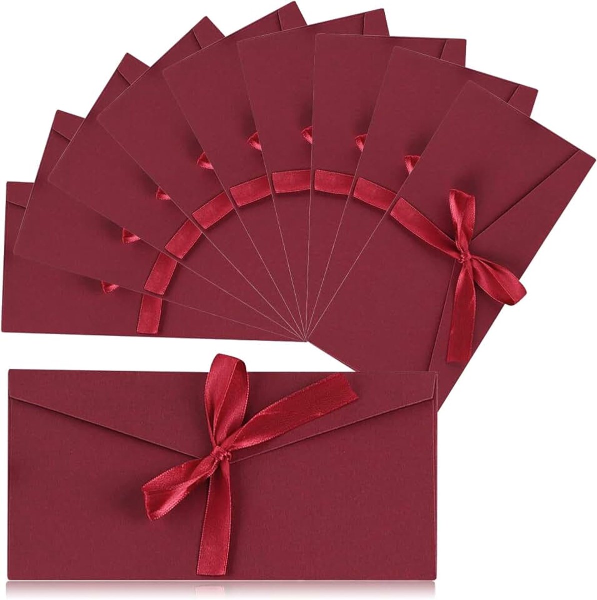 10 enveloppen van kraftpapier, 20 x 11 cm, met strik, exquisiet, vintage, rechthoekig, uitnodigingskaart, ansichtkaart, wenskaart (rood)