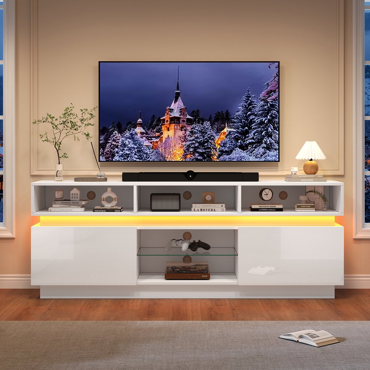 COVREO TV meubel 160x35x60 cm wit, MDF met gehard glas en 10 vakken