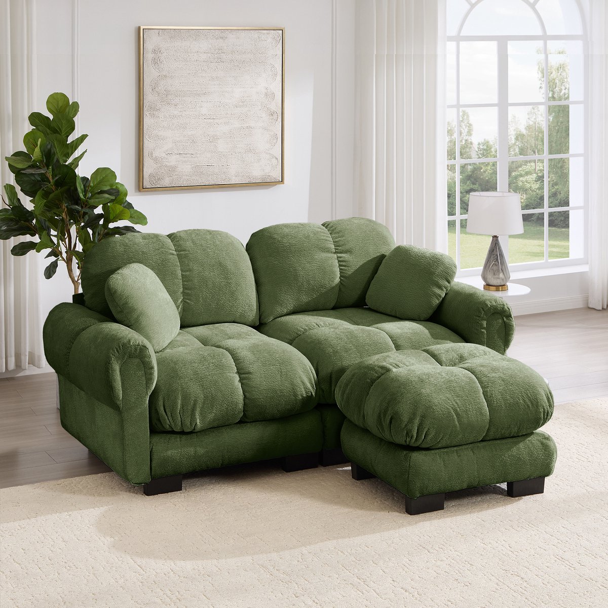 OKWISH Hoekbank – 2-Zits Modulaire L-Vormige Bank Met Mobiele Ottoman – Zachte Chenille En Steppatroon – Voor Woonkamer – Groen