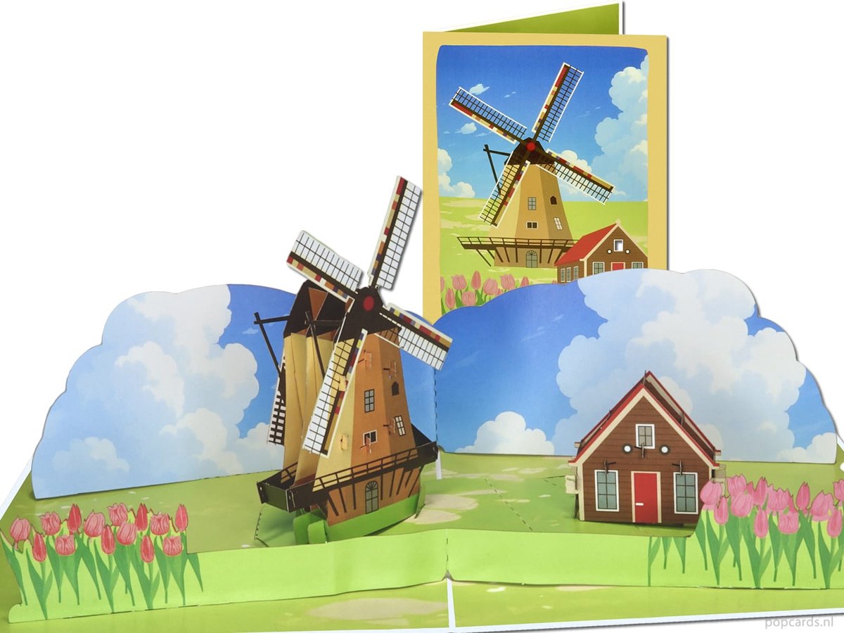 Popcards pop-up kaart - Hollandse Molen & TulpenLuxe 3D Kaart Wenskaart (Windmolen, Keukenhof)