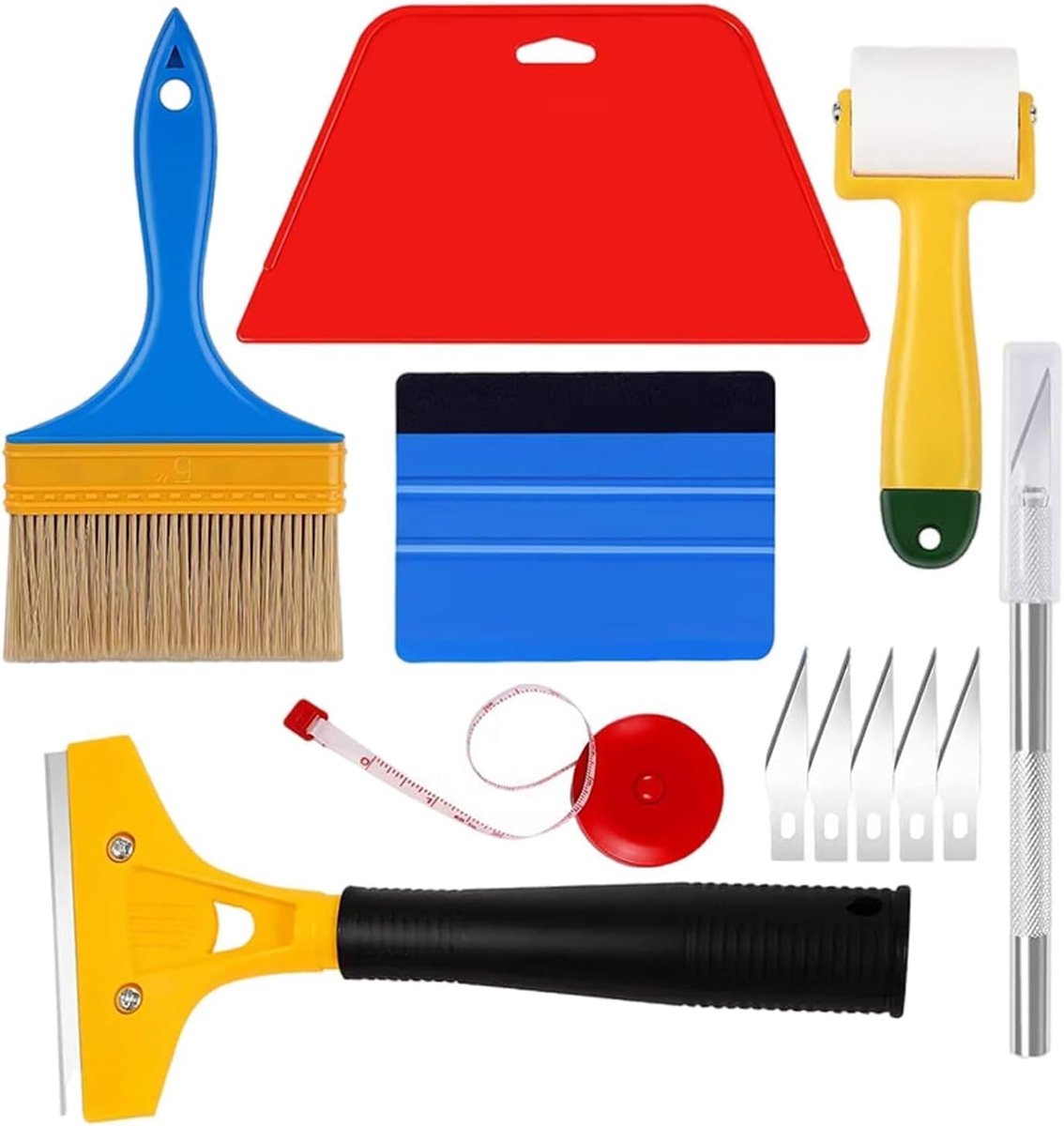 gladmakend behang, met trimgereedschap, rakel, verfschraper, kwast, meetlint, behanggladmakingsgereedschapset, voor behang, raamfolie-installatie