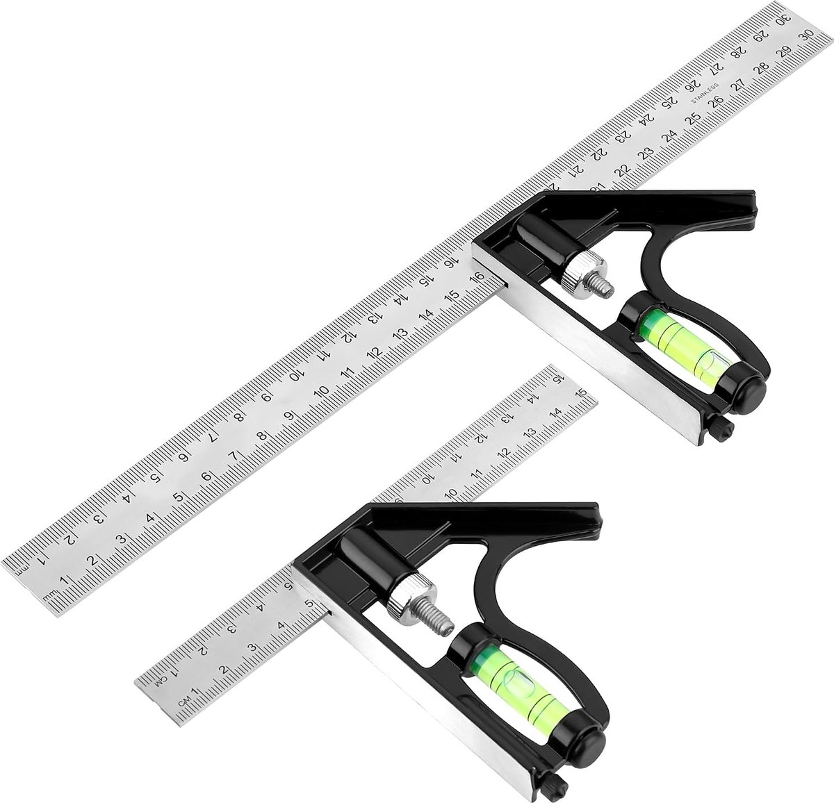 2 stuks combinatiehoek van metaal, 150 + 300 mm verstelbaar, timmermanshoek, liniaal met luchtbel, 45 en 90 graden, multifunctioneel meetgereedschap voor ingenieurs