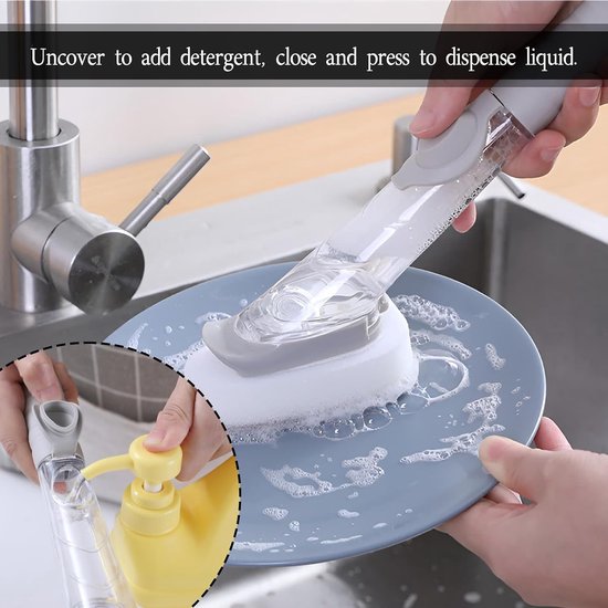 Afwasborstel met afwasmiddeldispenser, vulbare afwasborstel met 1 borstelkop en 2 verwisselbare sponskoppen, keukenborstel, afwasborstel, voor pan, gootsteenreiniging — afbeelding 4