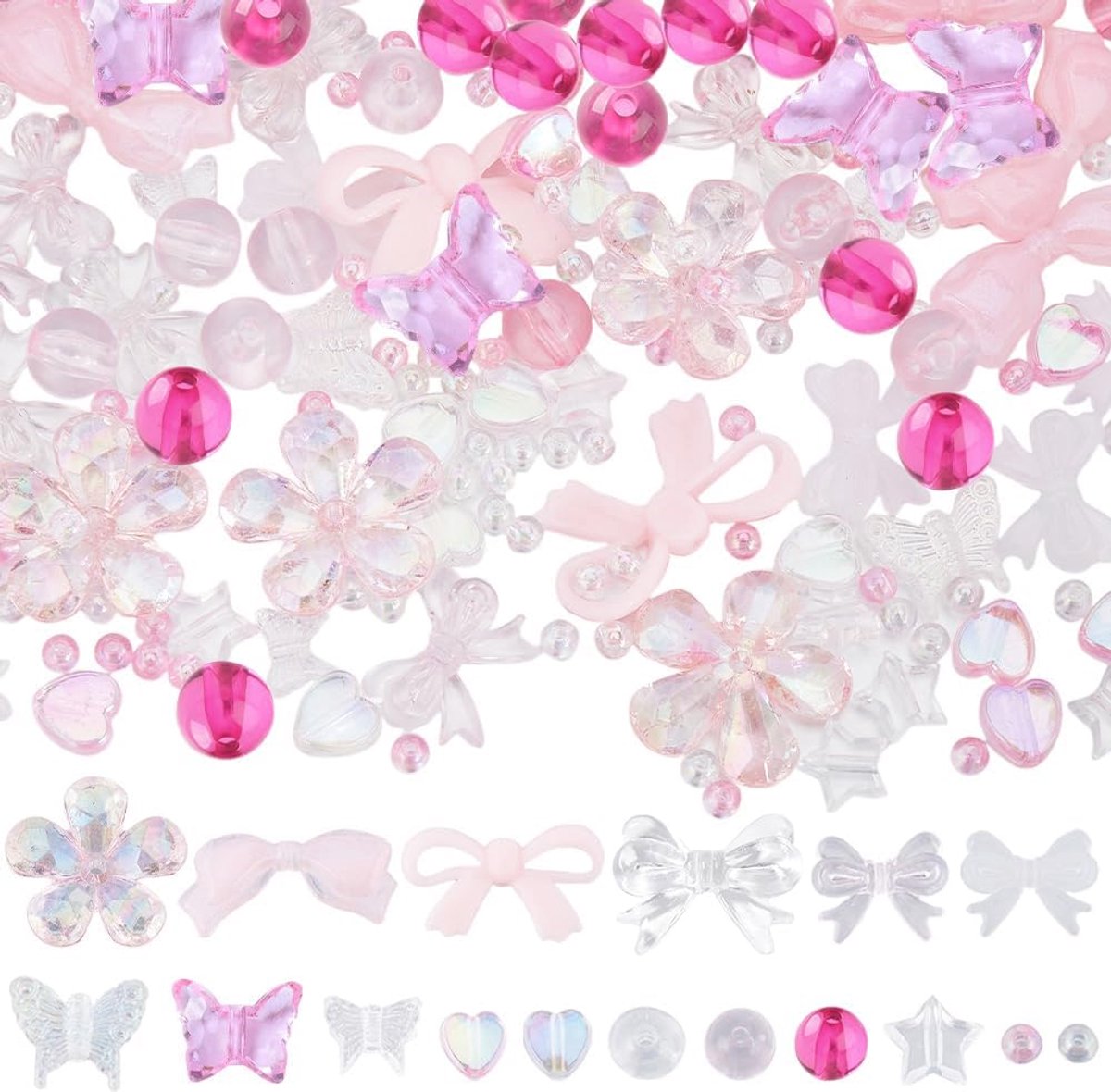 300 stuks 17 stijlen diverse acryl kralen vlinder hart kraal bulk roze snoep kleur pastel plastic bloem ster boog ronde kralen voor armbanden sieraden maken ketting doe-het-zelf ambachten