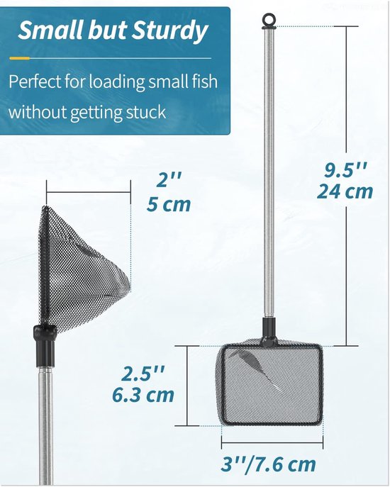 7,6 cm aquarium visschepnet met telescopische roestvrijstalen handgreep, klein vierkant schepnet met zacht fijnmazig reinigingsnet voor aquaria, kleine koivijvers en zwembaden — afbeelding 2