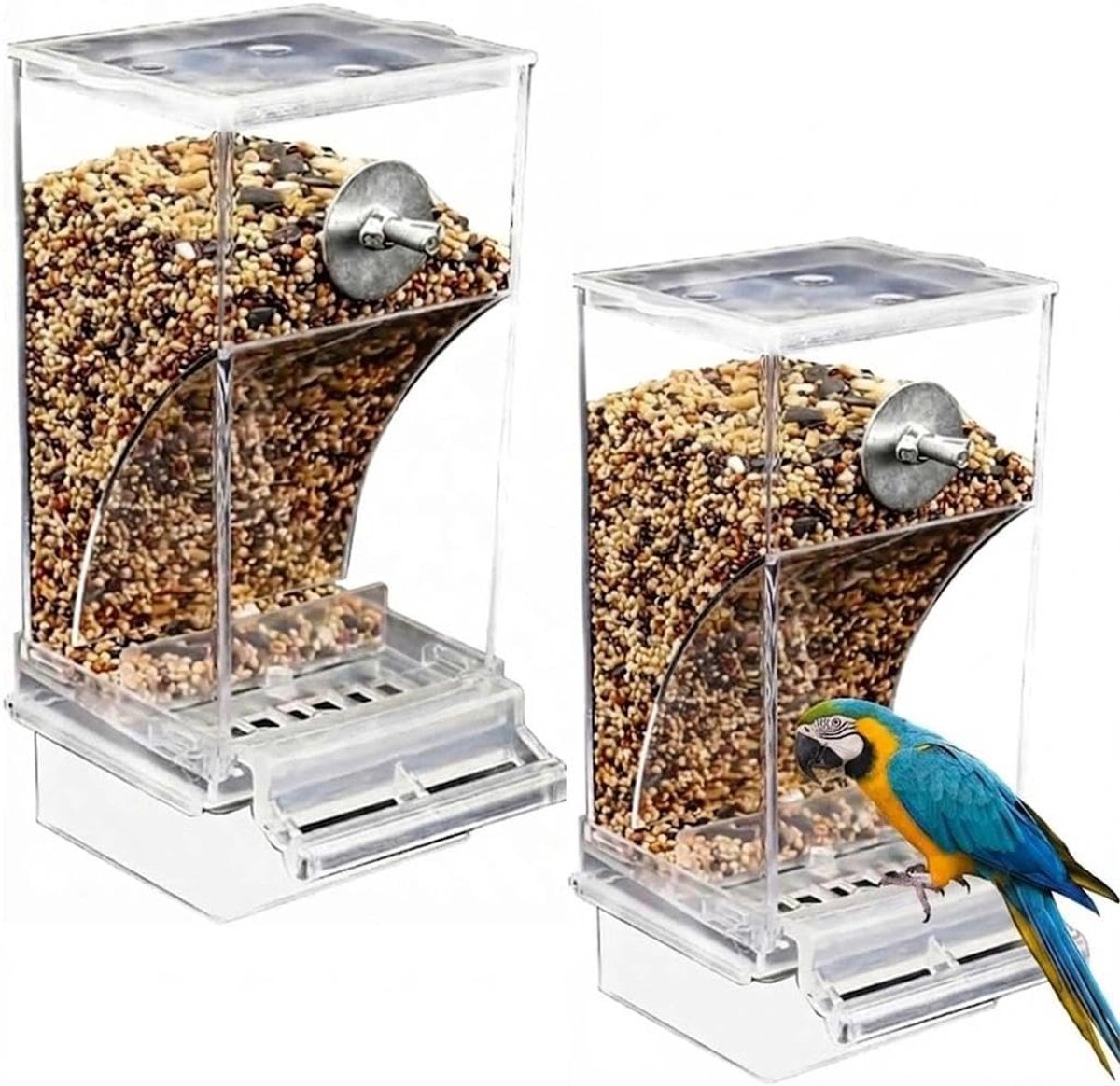 automatische vogelvoederdispenser, transparante kooiaccessoires, voederautomaat voor kanarievogels, vinken, huisvogels, parkieten (2 stuks)