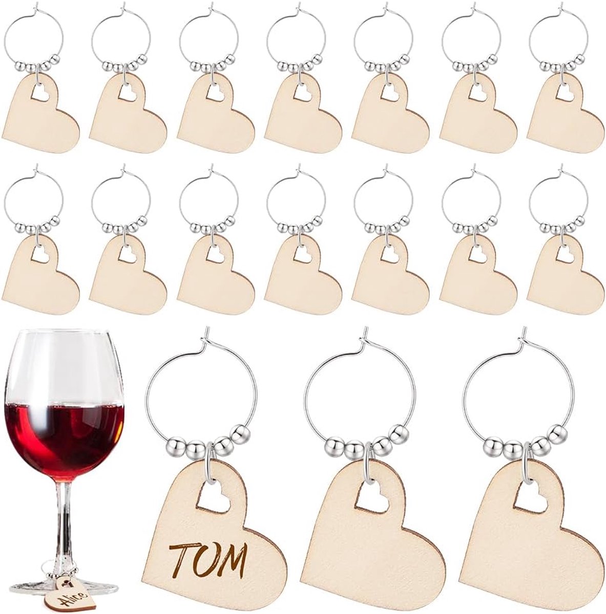 50 stuks wijnglashangers, houten hart, drankmarkeringen, glazen ring met messing banden, drankhangers, decoraties voor proeverijen, Valentijnsdag, feestglas, identificatiedecoratie