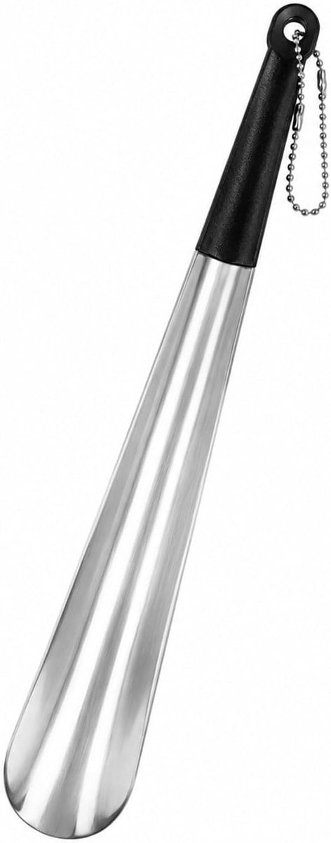 30 cm schoenlepel van metaal met ketting, roestvrij stalen schoenlepel, antislip greep, draagbaar, voor reizen en thuis, gladde schoenlepel voor dames en heren en senioren (zilver-zwart)