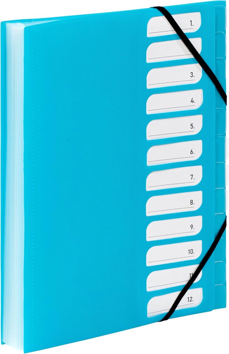 - A4 documentenmap met 12 vakken - Uitbreidbare bureau-organizer - A4 documentenmap met indexen - elastische sluiting - FEEL'EASY serie - Turquoise blauw