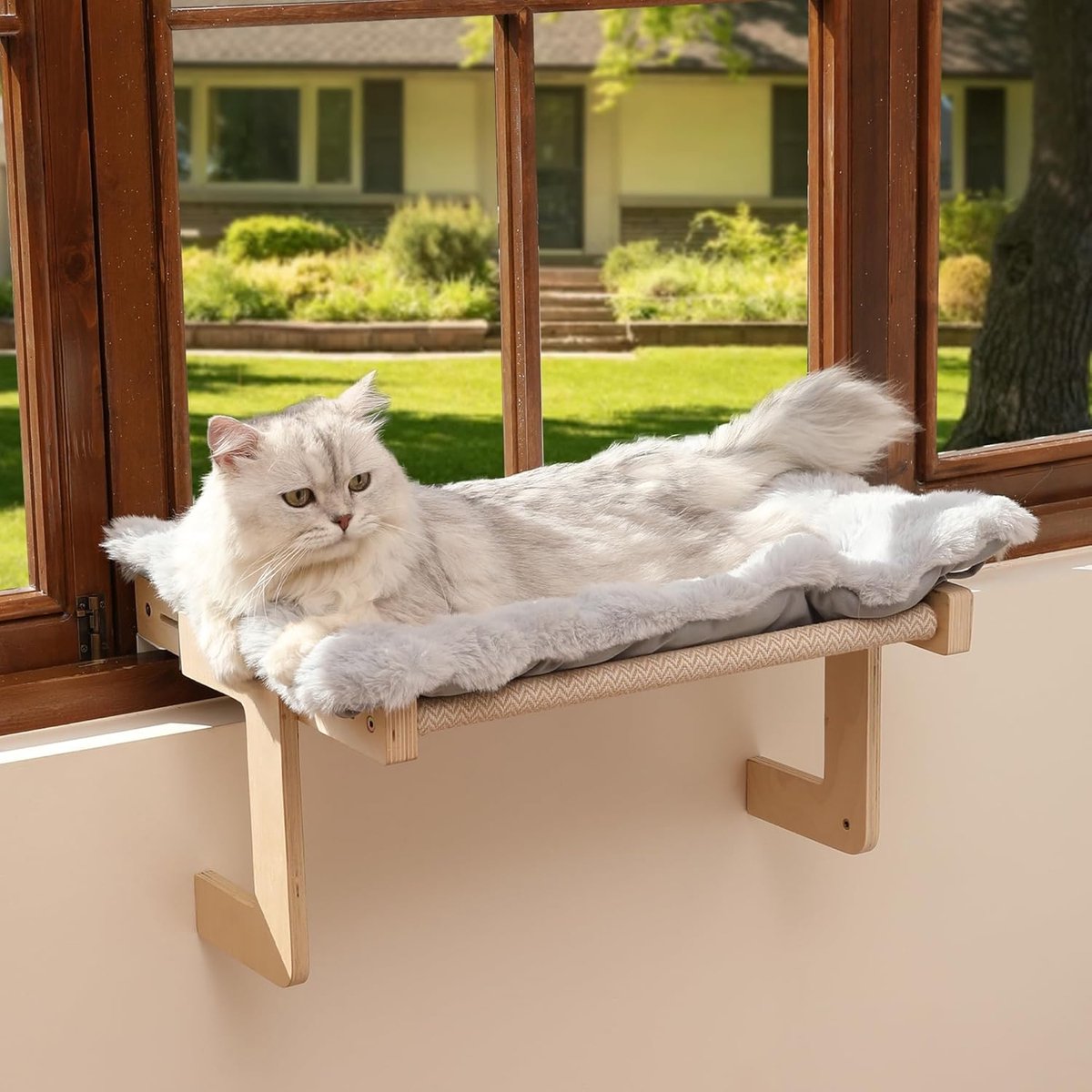Katten Venster Hangmat, Transformeerbare Hangmat met Pluche Kussen voor Vensterbank en Vloer, Vensterbed voor Kittens, Versterkt Frame van Hout en Metaal