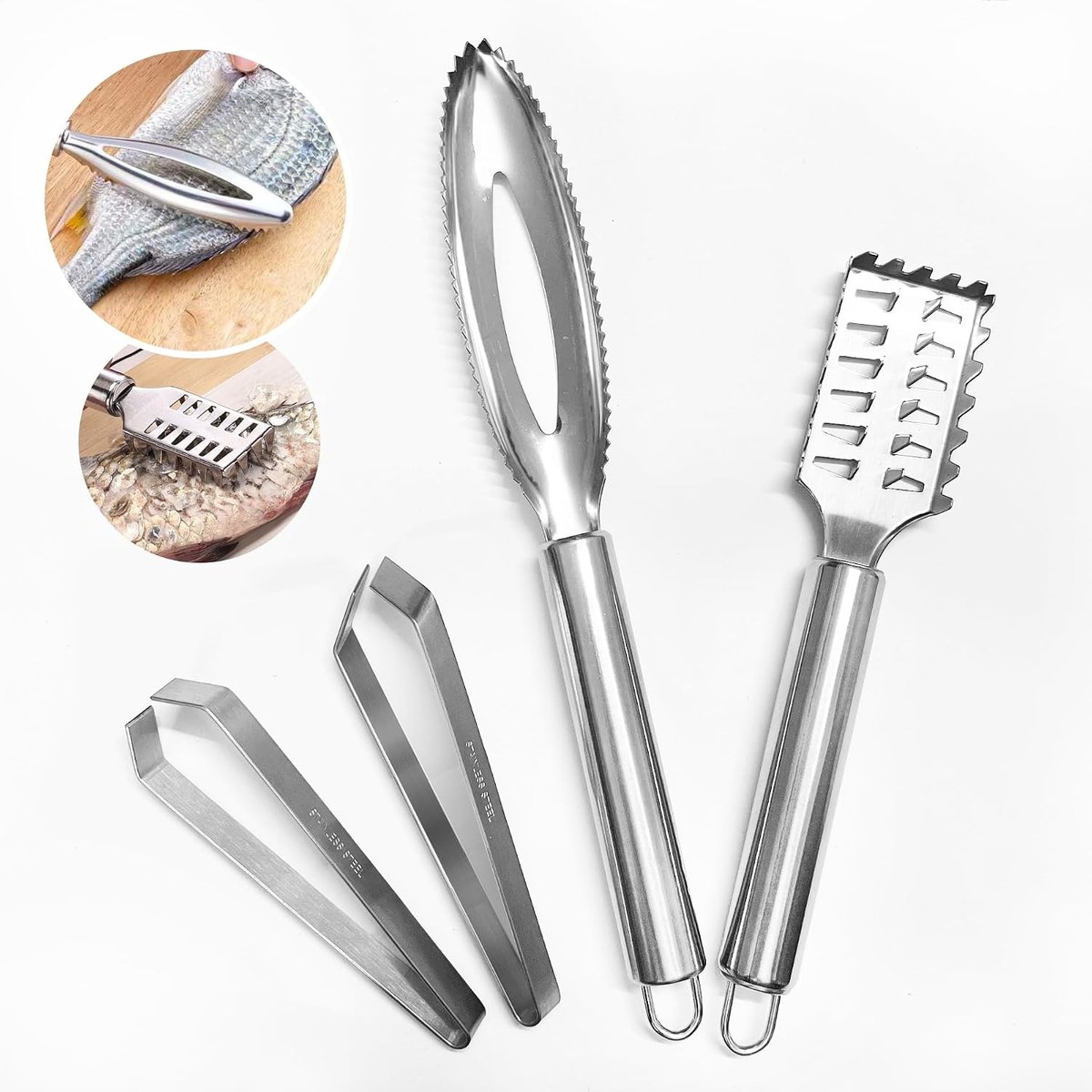 4 Set Vis Schaal Remover Roestvrijstalen & vis bot pincet Roestvrijstalen, 2 x professionele visschraper + 2 x Visgraatverwijderaar (Schuine/Plat), Voor Keuken Vis Reiniging Gereedschap, Zilver.