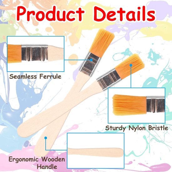 50Stks Herbruikbare Nylon Borstelharen Verfkwast, 12mm Multifunctionele Platte Acrylverfkwasten, Zachte Bulk Aquarelverfkwast met Houten Handvat voor Huisafwerking Huisreparatie — afbeelding 2