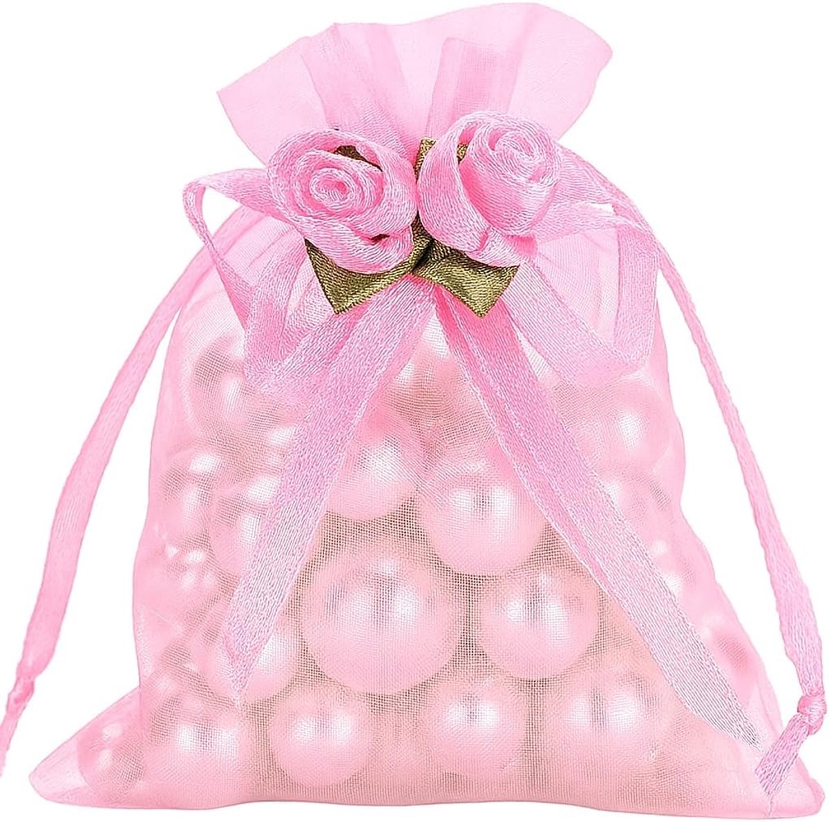 Roze organza zakjes met rozen: 10 × 12 cm kleine sieradenzakjes met trekkoord, 30 stuks geschenkzakjes voor sieraden, juwelen of kleine geschenken, bruiloft