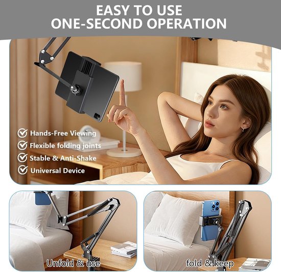 tablethouder voor bed, 360° draaibare telefoonhouder, verstelbare klemhouder, universele houder voor tablets en telefoons van 4-13 inch, hoofdbord bureauhouder — afbeelding 3