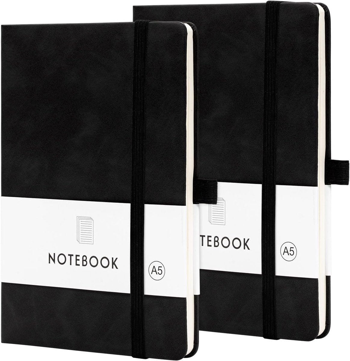 SnelShoppen - Notitieboek A5 Gelinieerd 2 Stuks - 160 Pagina's Notitieblok A5 met Pennenhouder - Zwart PU-Leer voor Werk, School en To-Do Lijsten