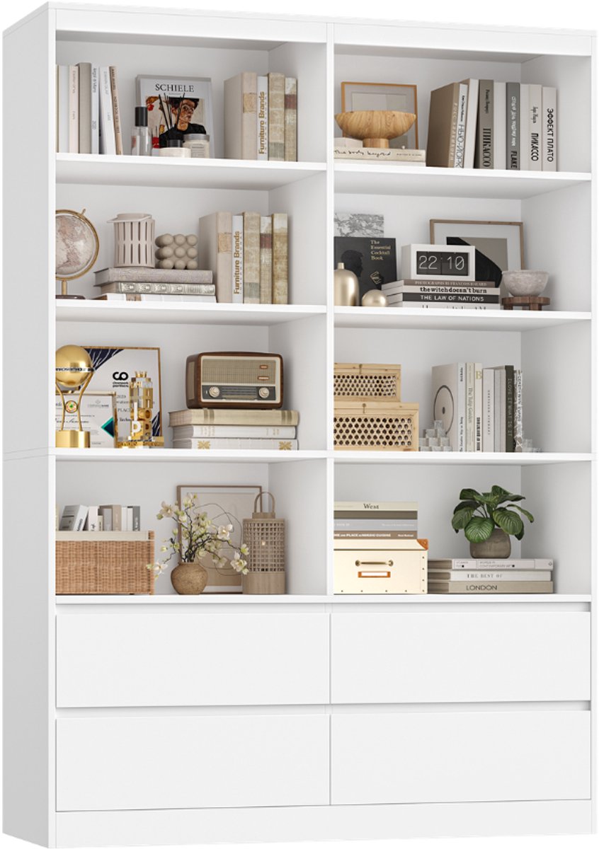 Getone Boekenkast – Voor Woonkamer en Kantoor – 6-laags met Open Vakken en Laden – Wit 180x120x30cm