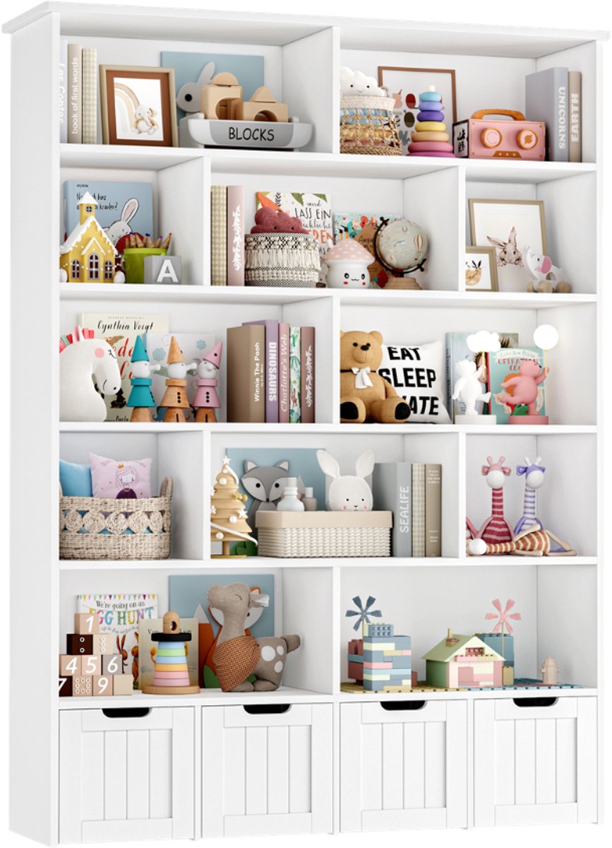 Kinder Opbergkast met Boekenplank – Voor Kinderkamer & Speelkamer – Speelgoed Organizer met 4 Lades en 13 Vakken – Wit Hout 125,5x33x175 cm