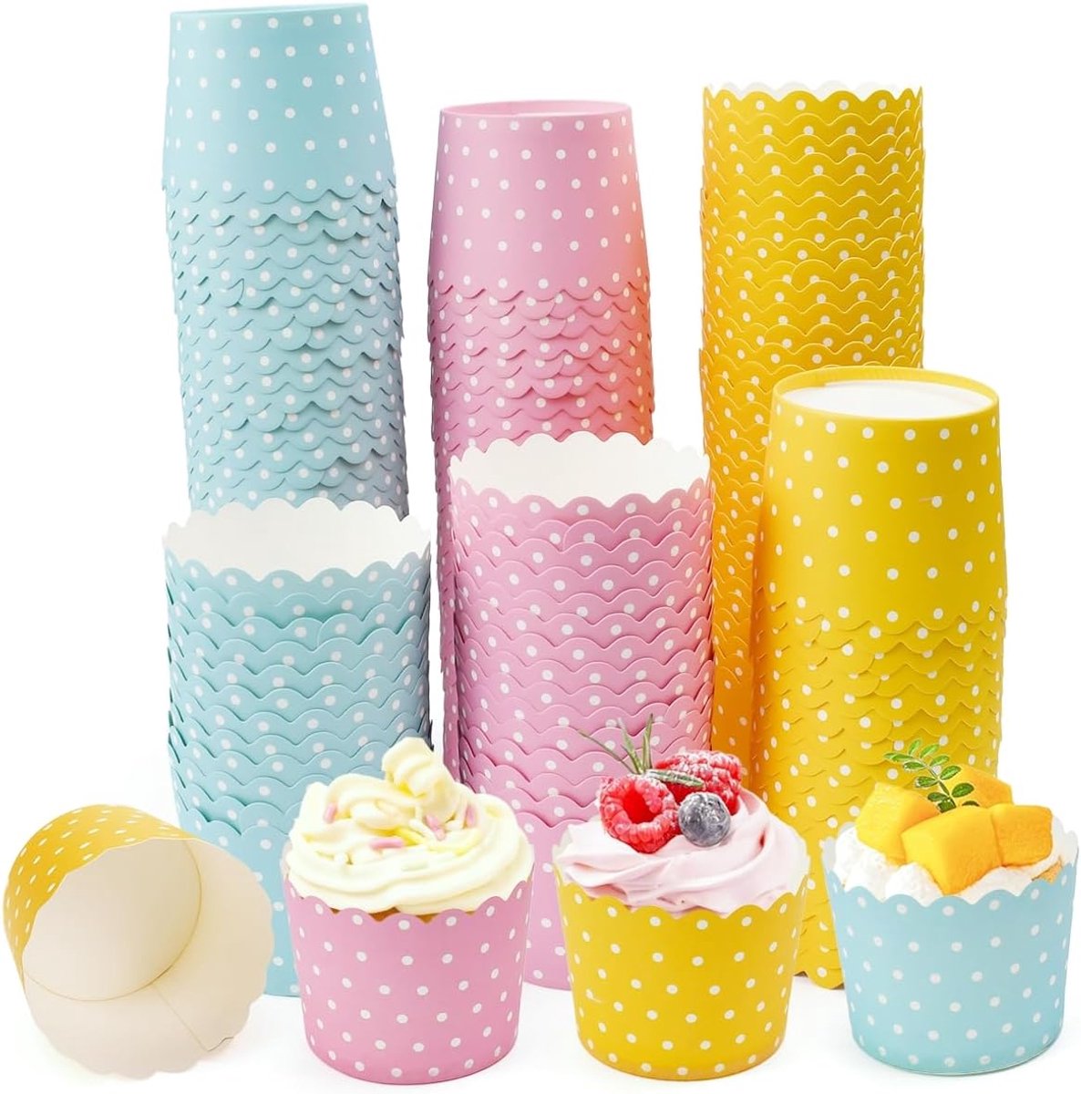 SnelShoppen - Driekleurige Gestippelde Bakpapierbekers 150 Stuks - Mini Muffinvormpjes - Papieren Vormpjes voor Bruiloft, Kleine Cupcakes, IJsbekers e